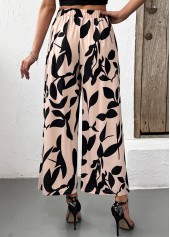 Light Camel Leaf Print Wide Leg Elastic Waist Pants | thumb picture 