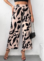 Light Camel Leaf Print Wide Leg Elastic Waist Pants | thumb picture 