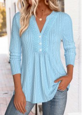 Blue Tummy Coverage Long Sleeve Split Neck Blouse