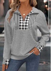Light Grey Tummy Coverage Plaid Long Sleeve Sweatshirt