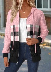 Light Pink Tummy Coverage Plaid Long Sleeve Hooded Coat