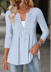 Light Blue Fake 2in1 Striped Long Sleeve T Shirt