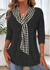 Black Tummy Coverage Plaid 3/4 Sleeve T Shirt