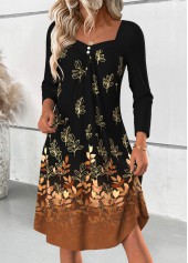 Black Tummy Coverage Leaf Print Long Sleeve Dress