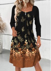Black Tummy Coverage Leaf Print Long Sleeve Dress | thumb picture 