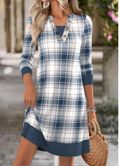 Dusty Blue Tummy Coverage Plaid Short Long Sleeve Dress | thumb picture 