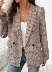 Light Coffee Double Side Pockets Plaid Long Sleeve Blazer