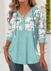 Mint Green Tummy Coverage Geometric Print Long Sleeve Hoodie