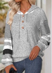 Light Grey Tummy Coverage Striped Long Sleeve Hoodie