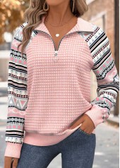 Light Pink Tummy Coverage Geometric Print Long Sleeve Sweatshirt