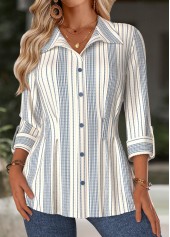 Beige Tummy Control Striped Long Sleeve Blouse
