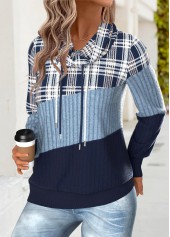 Blue Tummy Coverage Plaid Long Sleeve Cowl Neck Sweatshirt