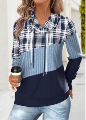 Blue Tummy Coverage Plaid Long Sleeve Cowl Neck Sweatshirt | thumb picture 