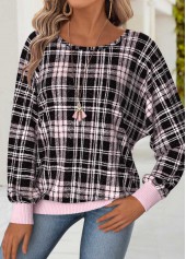 Light Pink Tummy Coverage Plaid Long Sleeve T Shirt