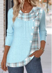 Light Blue Tummy Coverage Plaid Long Sleeve T Shirt