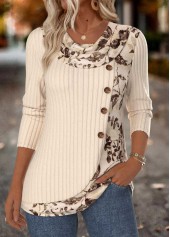 Beige Tummy Coverage Floral Print Long Sleeve T Shirt