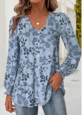 Denim Blue Tummy Coverage Leaf Print Long Sleeve Blouse