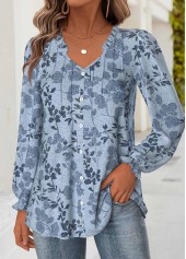 Denim Blue Tummy Coverage Leaf Print Long Sleeve Blouse | thumb picture 