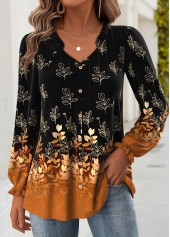 Black Tummy Coverage Leaf Print Long Sleeve Blouse