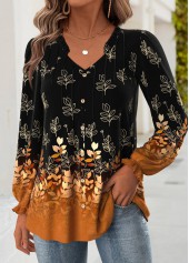 Black Tummy Coverage Leaf Print Long Sleeve Blouse | thumb picture 