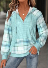 Mint Green Tummy Coverage Plaid Long Sleeve Hoodie