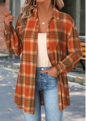 Orange Tummy Coverage Plaid Long Sleeve Shirt