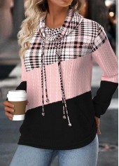 Light Pink Tummy Coverage Plaid Long Sleeve Sweatshirt