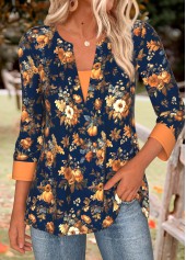 Navy Tummy Coverage Pumpkin Print Long Sleeve T Shirt