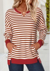 Red Tummy Coverage Striped Long Sleeve Round Neck Sweatshirt