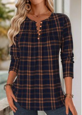 Navy Tuck Stitch Plaid Long Sleeve Split Neck Blouse
