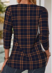 Navy Tuck Stitch Plaid Long Sleeve Split Neck Blouse | thumb picture 