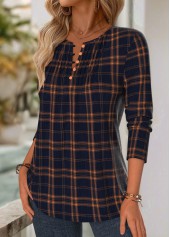 Navy Tuck Stitch Plaid Long Sleeve Split Neck Blouse | thumb picture 
