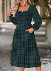 Green Tummy Coverage Plaid Long Sleeve Square Neck Dress | thumb picture 