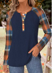 Navy Tummy Coverage Plaid Long Sleeve T Shirt