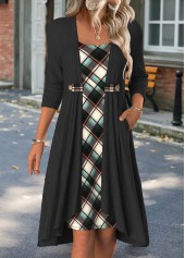 Black Fake 2in1 Plaid High Low Long Sleeve Dress