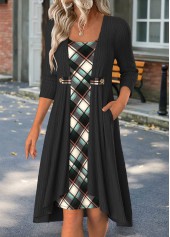 Black Fake 2in1 Plaid High Low Long Sleeve Dress | thumb picture 