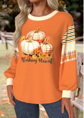 Halloween Neon Orange Tummy Coverage Pumpkin Print Sweatshirt | thumb picture 