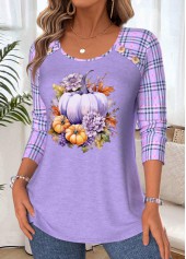 Halloween Light Purple Tummy Coverage Pumpkin Print T Shirt | thumb picture 