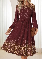 Deep Red Tummy Coverage Ombre Belted Long Sleeve Dress