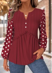 Deep Red Tummy Coverage Geometric Print Long Sleeve Blouse
