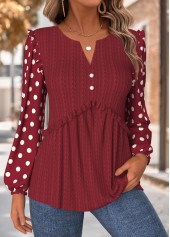 Deep Red Tummy Coverage Geometric Print Long Sleeve Blouse | thumb picture 