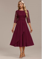 Wine Red Embroidery 3/4 Sleeve Round Neck Dress | thumb picture 
