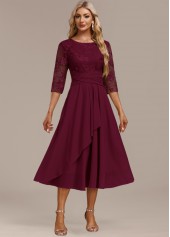 Wine Red Embroidery 3/4 Sleeve Round Neck Dress | thumb picture 