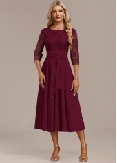 Wine Red Embroidery 3/4 Sleeve Round Neck Dress | thumb picture 