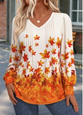 Orange Tuck Stitch Leaf Print Long Sleeve T Shirt