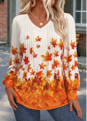 Orange Tuck Stitch Leaf Print Long Sleeve T Shirt | thumb picture 