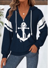 Navy Tummy Coverage Geometric Print Long Sleeve Hoodie