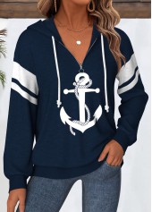Navy Tummy Coverage Geometric Print Long Sleeve Hoodie | thumb picture 