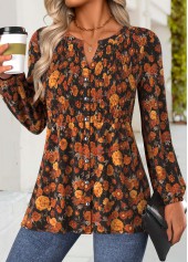 Terracotta Peplum Floral Print Long Sleeve Split Neck Blouse