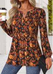 Terracotta Peplum Floral Print Long Sleeve Split Neck Blouse | thumb picture 